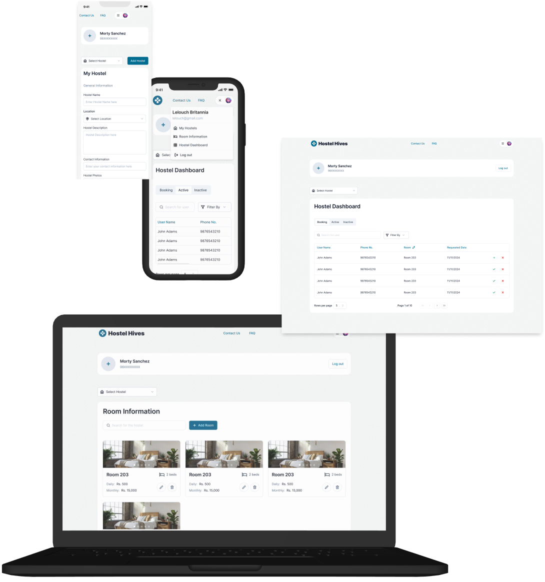 a mobile and laptop view of the hostel admin section