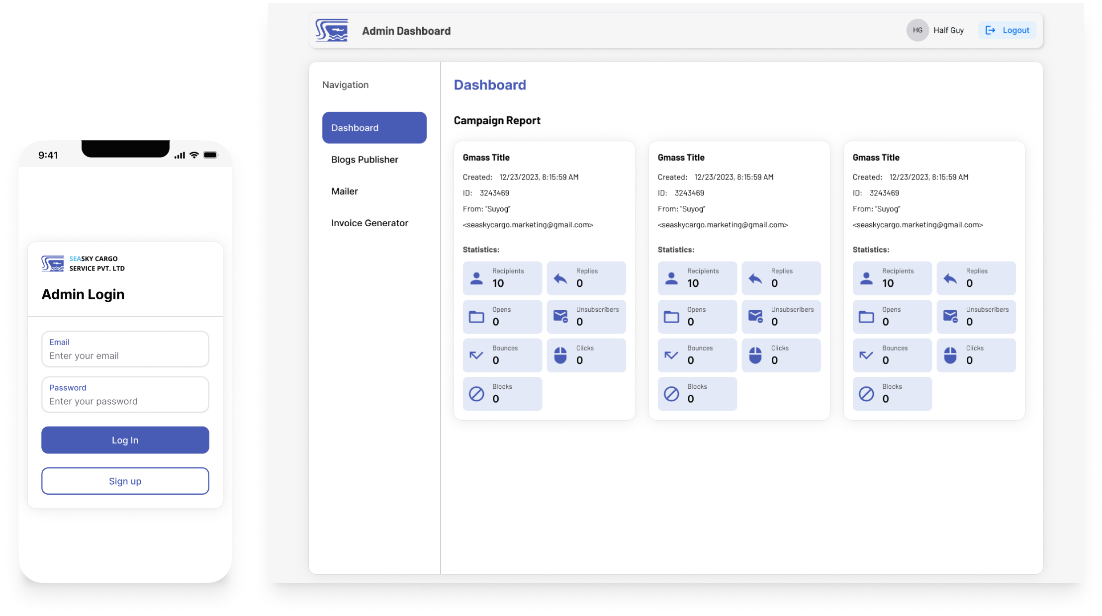 Mobile and desktop admin dashboards for email campaign management